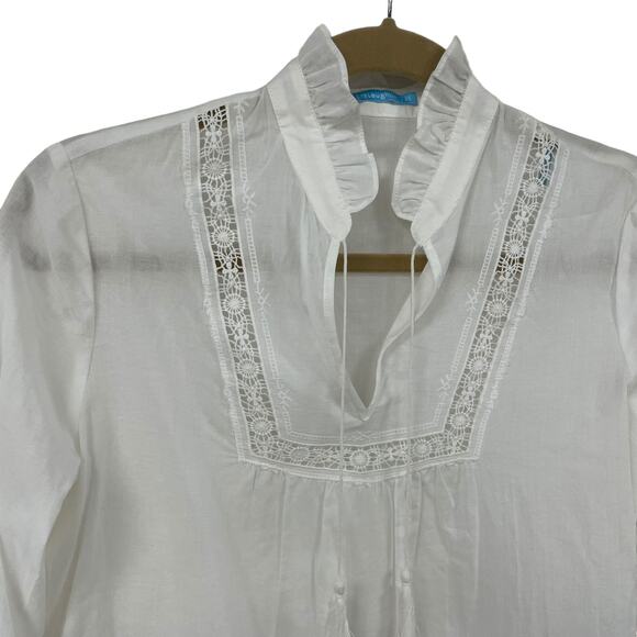 J. McLaughlin Tie Neck Ruffle Collar Embroidery Cut Out Cotton Top White XS ASIS - Picture 4 of 7